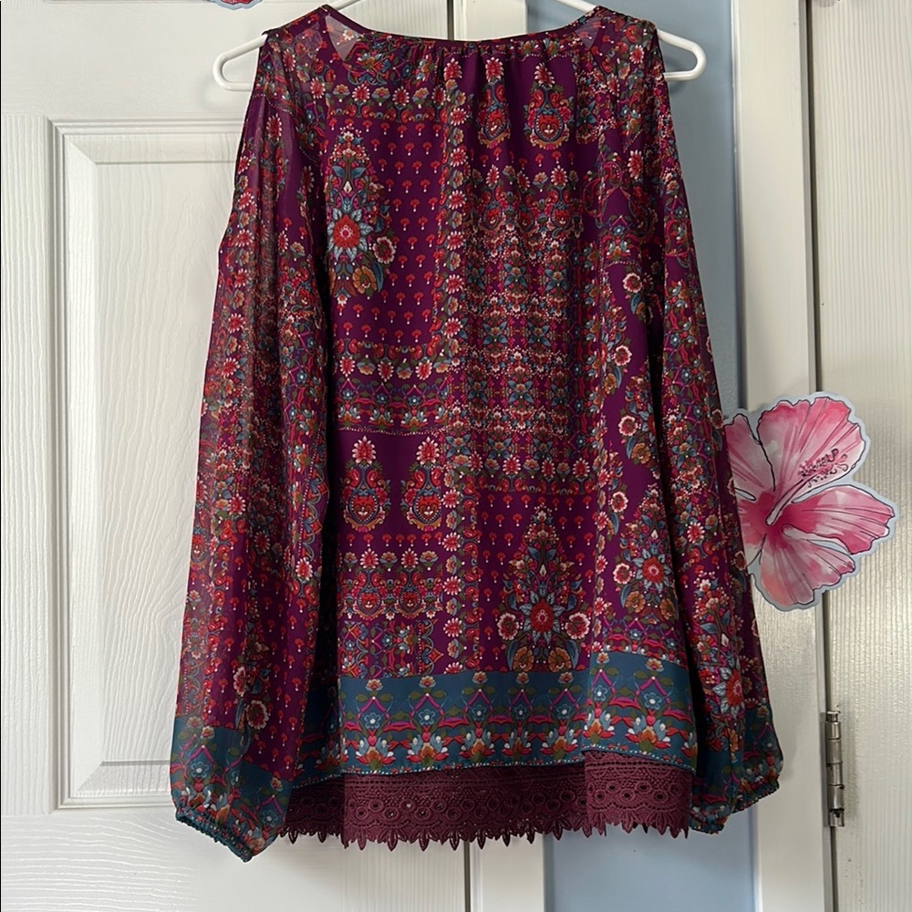 1. State Red and Purple Tie Front Ruffled Blouse - Picture 2 of 11